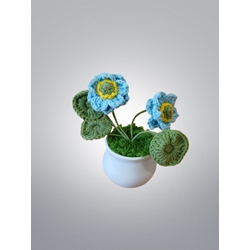 Planta con tarro blanco 2 flores azul con hojas redondas hecha a mano a ganchillo - Imagen 1