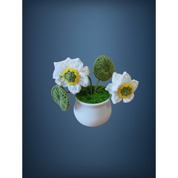 Planta con tarro blanco 2 flores blancas con hojas redondas hecha a mano a ganchillo (amigurumi). - Imagen 1