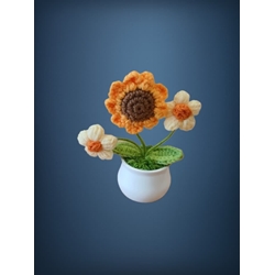 Planta con tarro blanco 3 flores girasol naranja y 2 flores amarillas hecha a mano a ganchillo (amigurumi). - Imagen 1